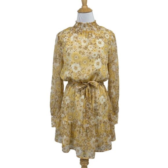 Minkpink Dress Women XS Extra Small Autumn Flower Power Smocked Neck Lined Mini - Picture 1 of 16